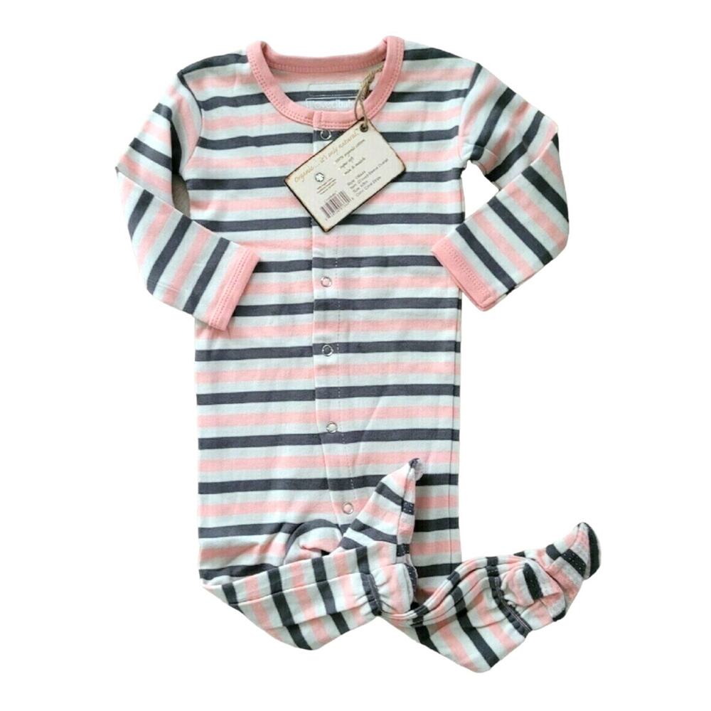 L'ovedbaby NWT Organic Gloved Sleeve Overall. Coral Stripe. 6-9 Months.